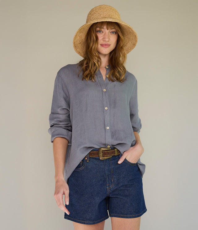 Blusa Mujer Lino Viscosa Ambar Gris Azulado