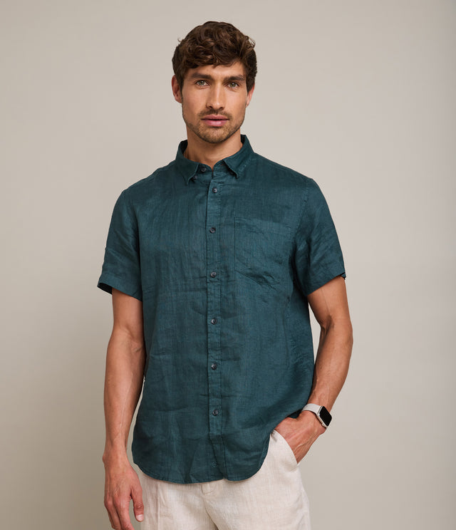 Camisa Hombre Lino M/Corta Dablin Verde Oscuro