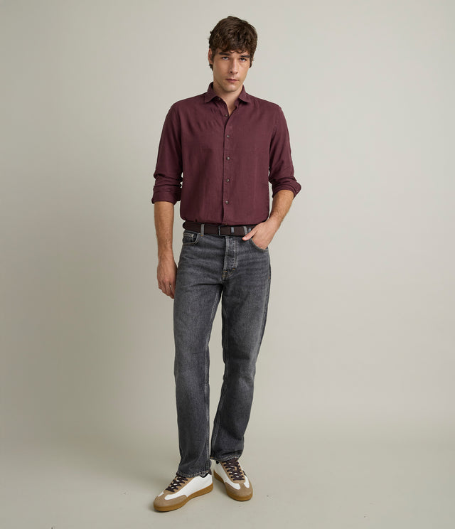 Camisa Hombre Lino Algodón Manga Larga Gerry Burdeo