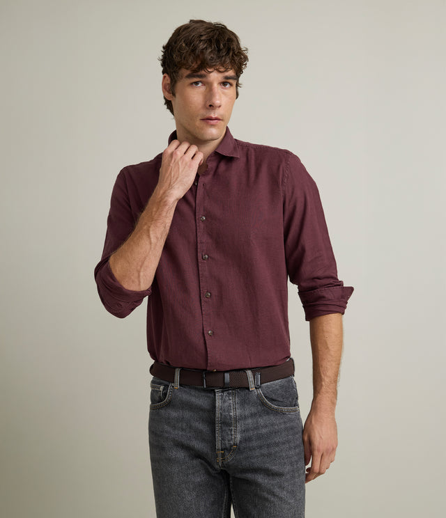 Camisa Hombre Lino Algodón Manga Larga Gerry Burdeo