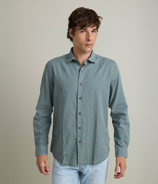 Camisa Hombre Lino Algodón Manga Larga Gerry Verde