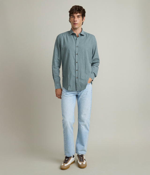 Camisa Hombre Lino Algodón Manga Larga Gerry Verde
