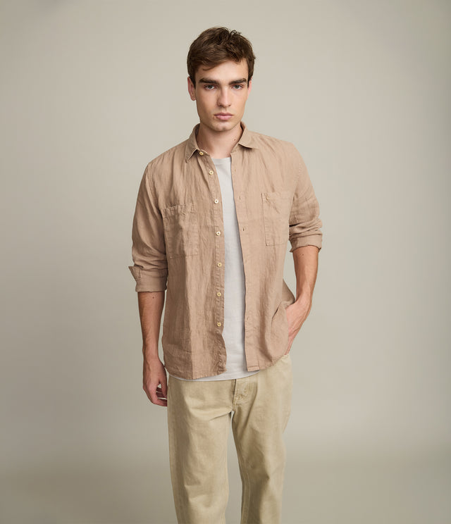 Camisa Hombre Overshirt Lino Camel