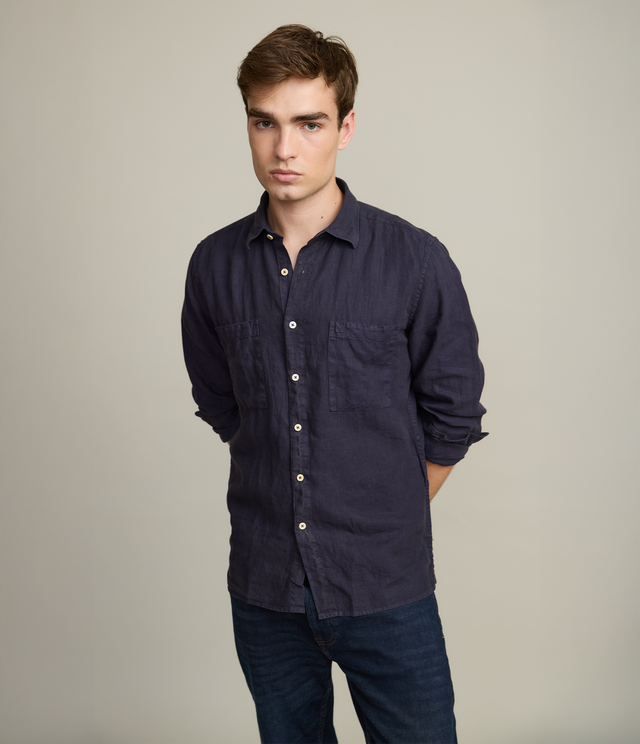 Camisa Hombre Overshirt Lino Azul Marino