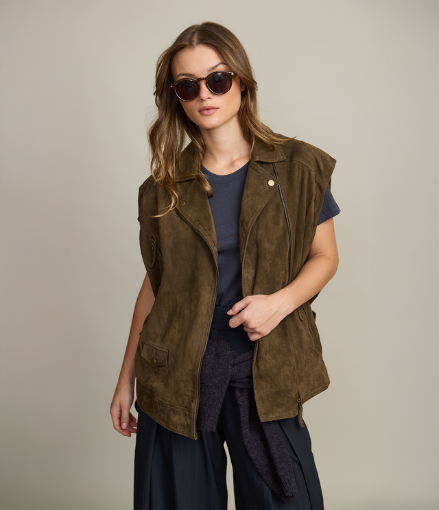 Chaqueta Mujer 100% Cuero Gamuza Sin Manga