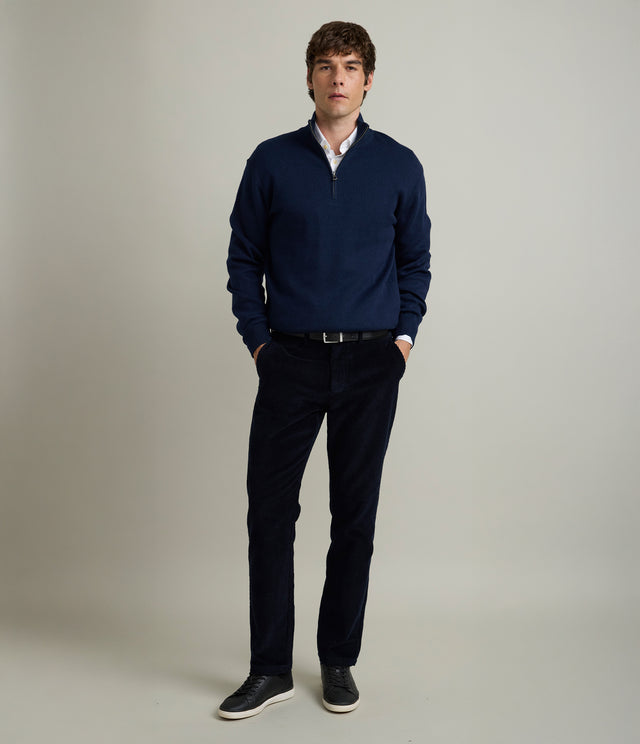 Sweater Hombre Algodón con Lana Merino Medio Cierre Azul Marino