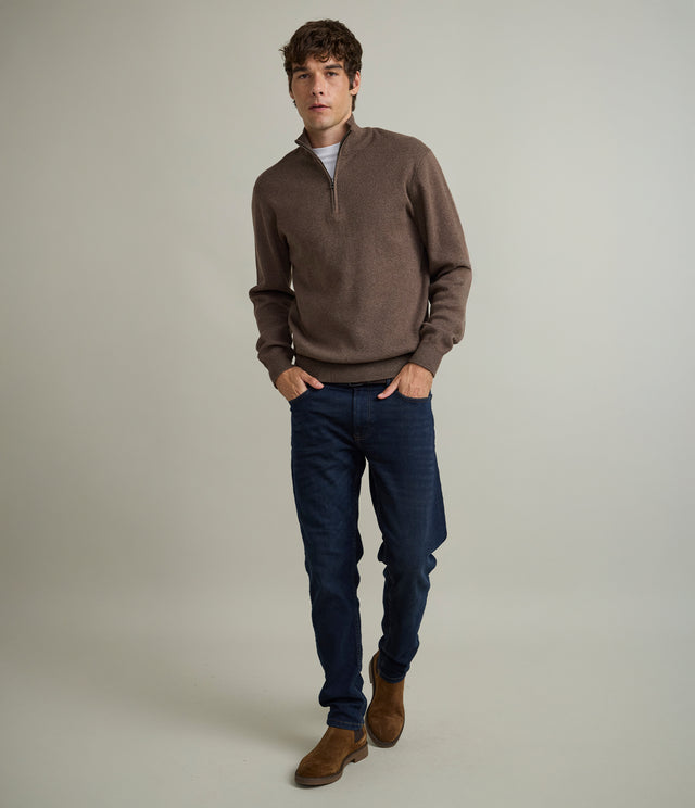 Sweater Hombre Algodón con Lana Merino Medio Cierre Café