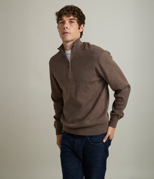 Sweater Hombre Algodón con Lana Merino Medio Cierre Café