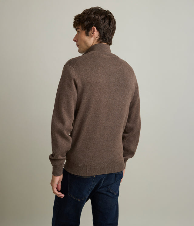 Sweater Hombre Algodón con Lana Merino Medio Cierre Café