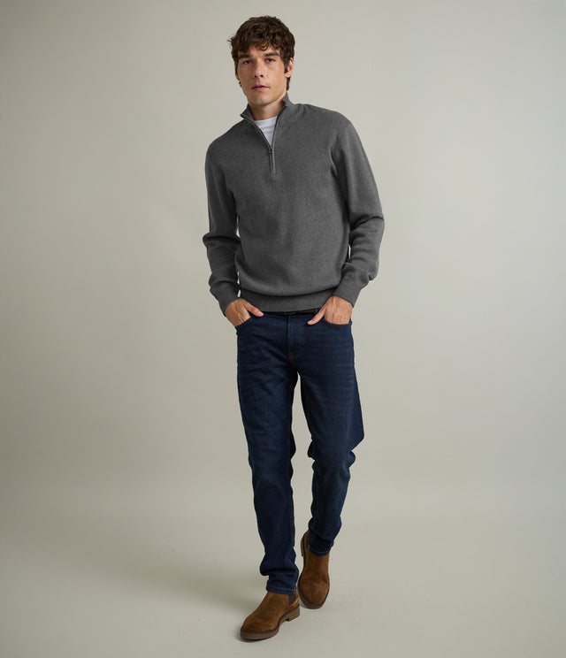 Sweater Hombre Algodón con Lana Merino Medio Cierre Gris marengo