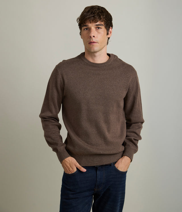 Sweater Hombre Algodón con Lana Merino Cuello Redondo Café