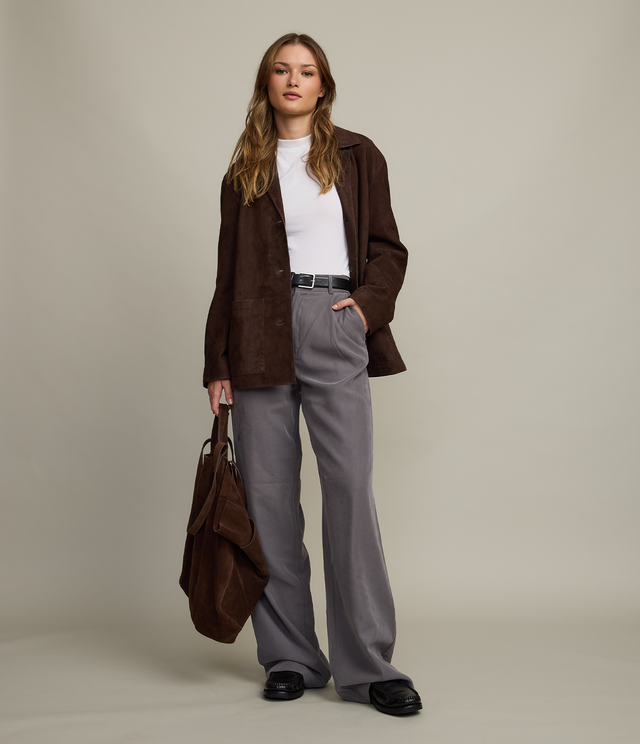 Chaqueta Blazer Mujer 100% Cuero Gamuza Café