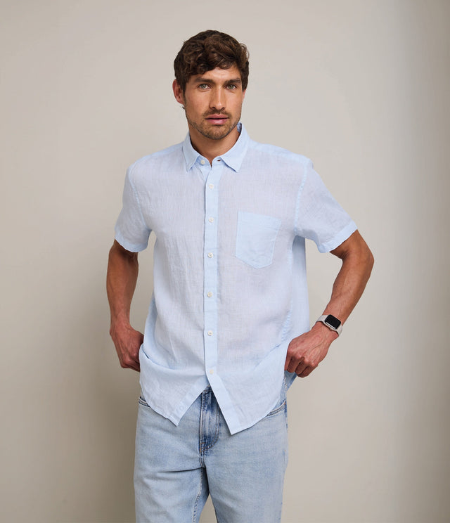 Camisa de hombre 100% lino Sintra manga corta Celeste - Camisa