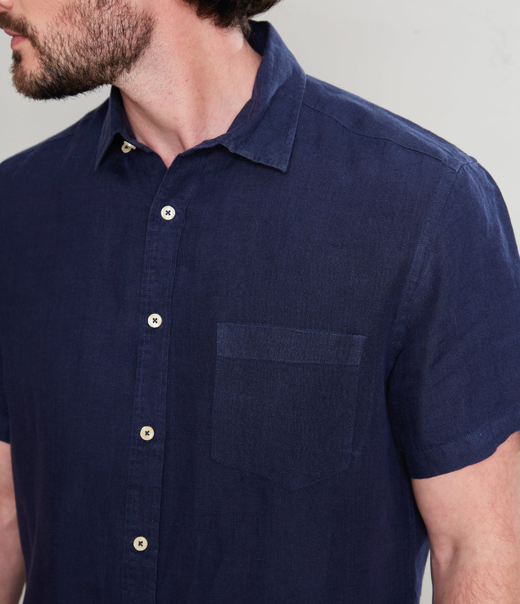 The Qualis - Camisa Hombre 100% Lino Manly Manga Corta Azul Marino
