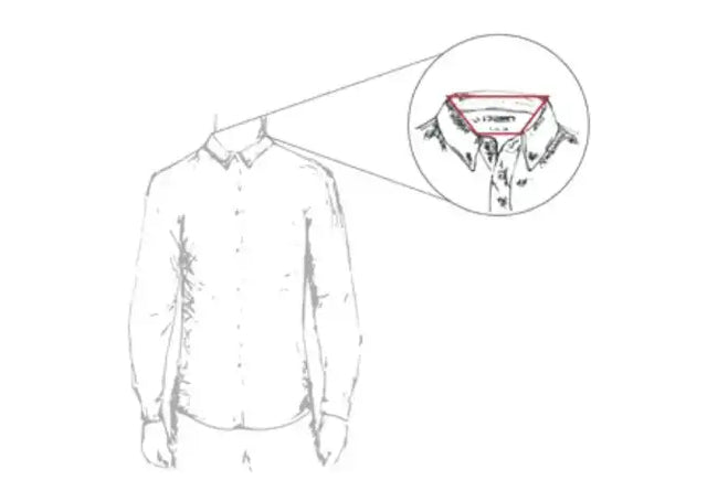 Boceto simple de una camisa de vestir con cuello, con un detalle mostrado en un recuadro circular.