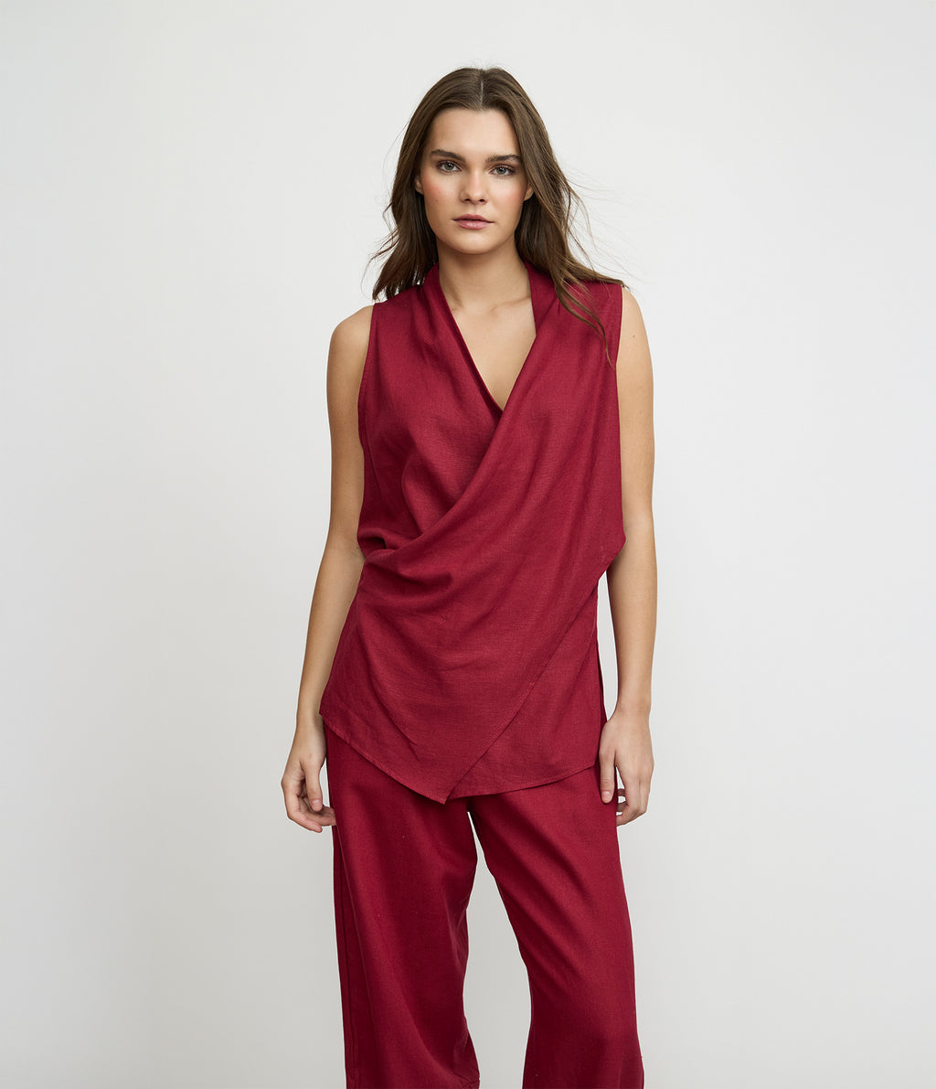 Blusa Mujer Lino Cruzada Verona Burdeo