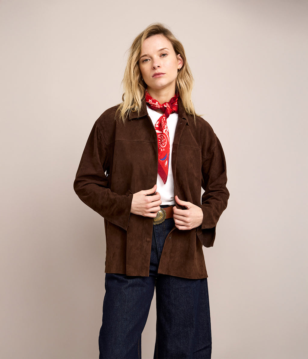 Sobrecamisa Mujer 100% Cuero Gamuza Café