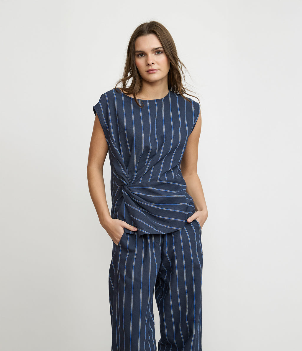 Blusa Mujer Lino Nudo Verona Azul Marino