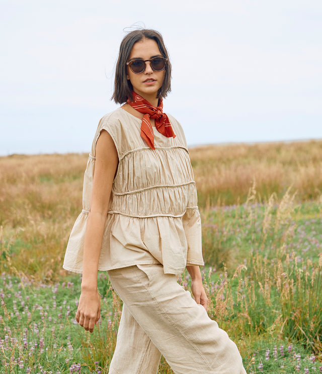 Blusa Mujer 100% Algodón Vuelos Beige