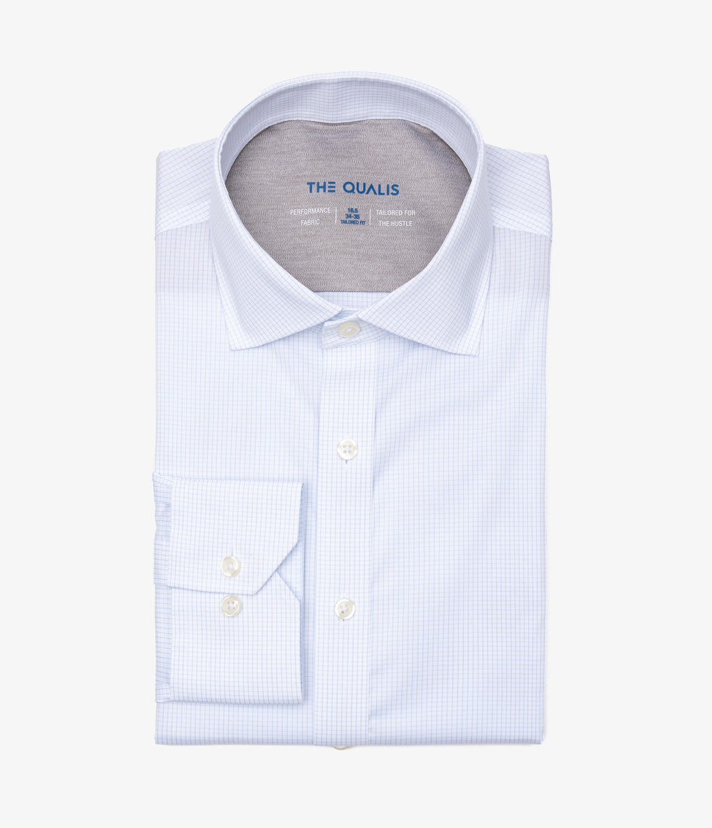 Camisa Hombre Performance Cuello Italiano Cuadros Celeste