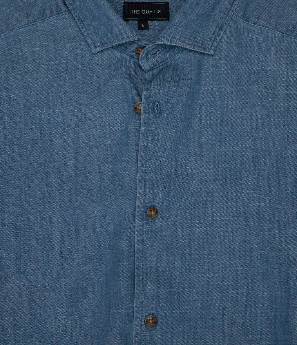 Camisa Hombre 100% Algodón Denim Manga Corta Azul