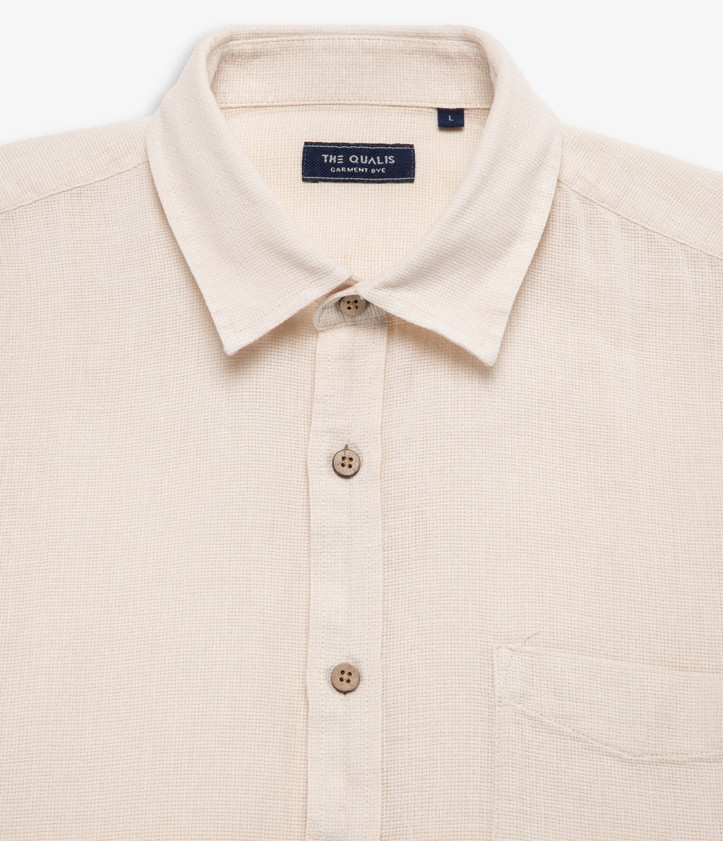 Camisa Hombre Lino Manga Corta Beige Waffle