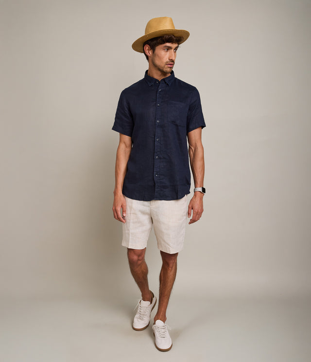 Camisa Hombre Lino M/Corta Dablin Azul Marino