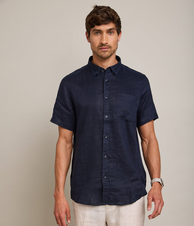 Camisa Hombre Lino M/Corta Dablin Azul Marino