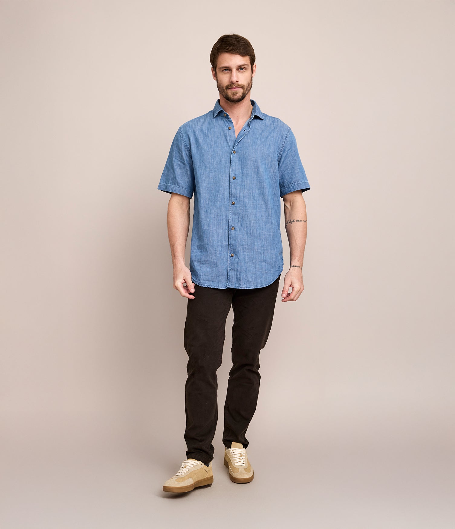 Camisa Hombre 100% Algodón Denim Manga Corta Azul