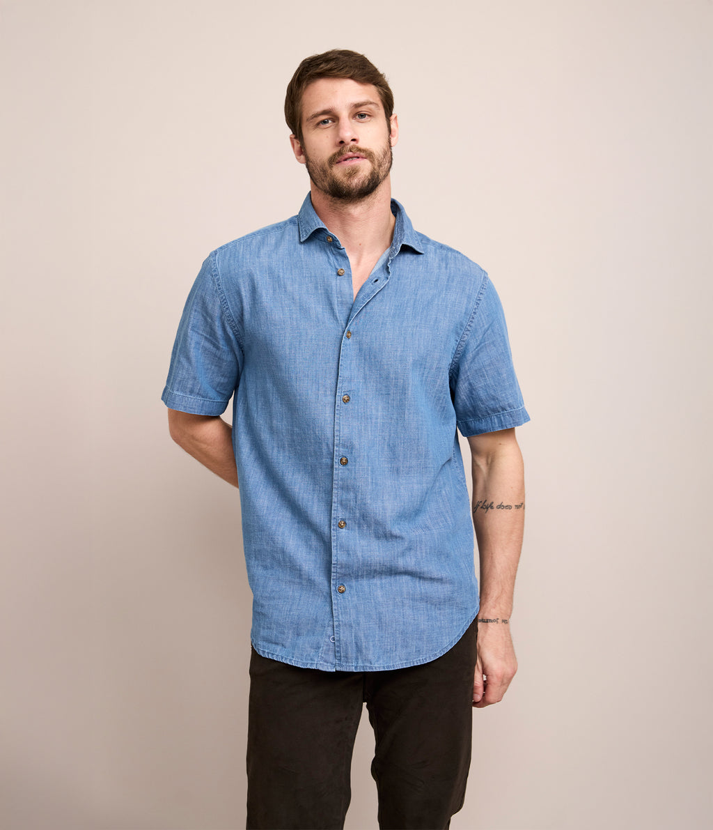 Camisa Hombre 100% Algodón Denim Manga Corta Azul