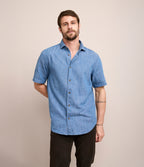 Camisa Hombre 100% Algodón Denim Manga Corta Azul