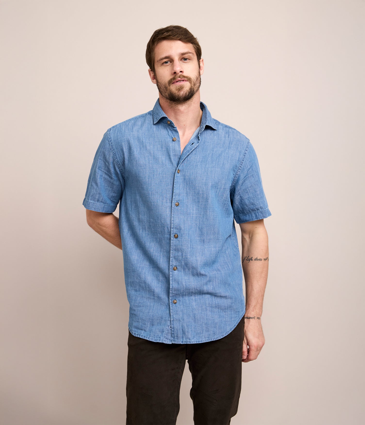 Camisa Hombre 100% Algodón Denim Manga Corta Azul