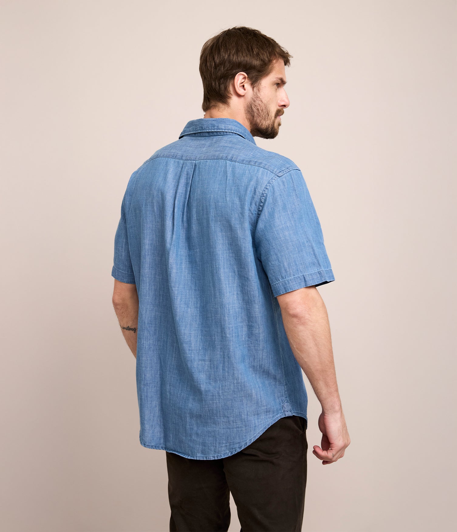 Camisa Hombre 100% Algodón Denim Manga Corta Azul