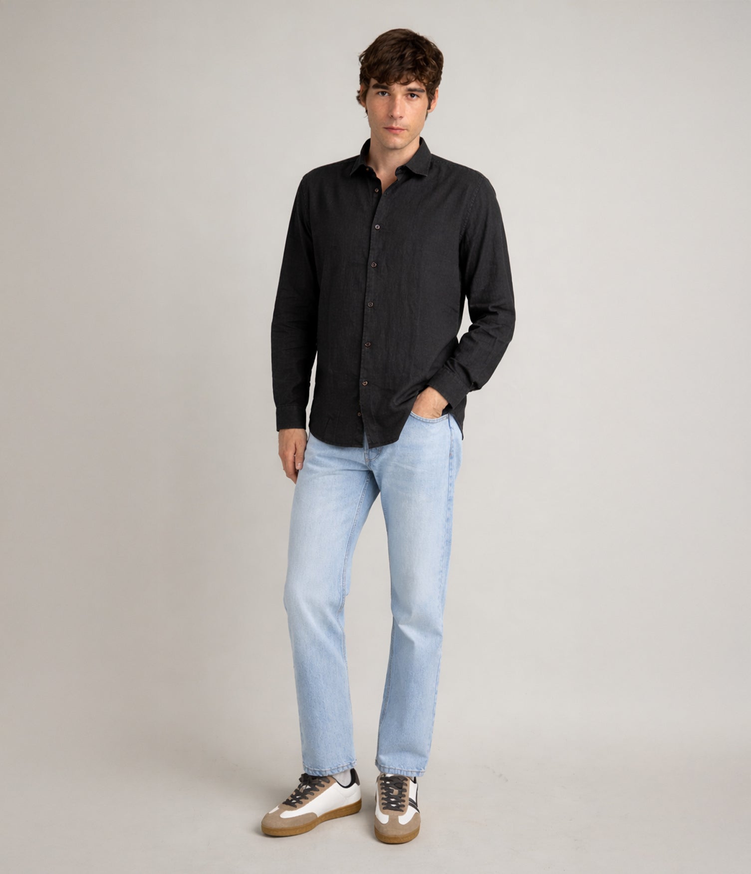 Camisa Hombre Lino Algodón Manga Larga Gerry negro