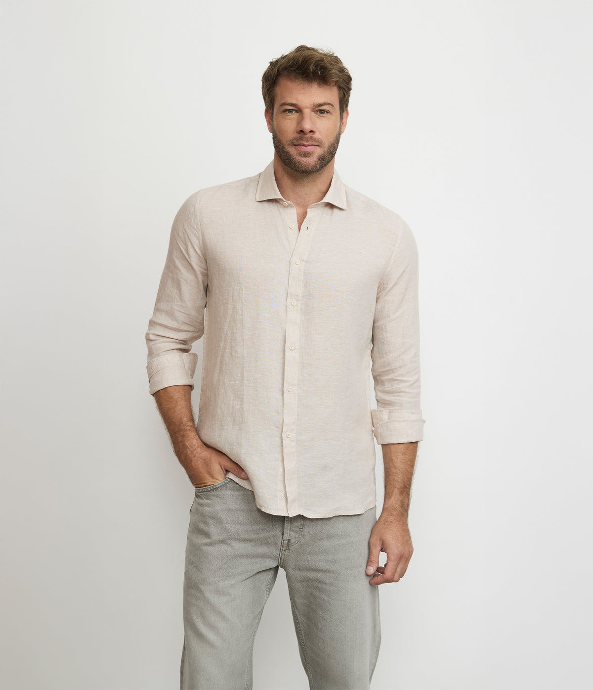 Camisa Hombre Lino Manga Larga Amalfi Beige