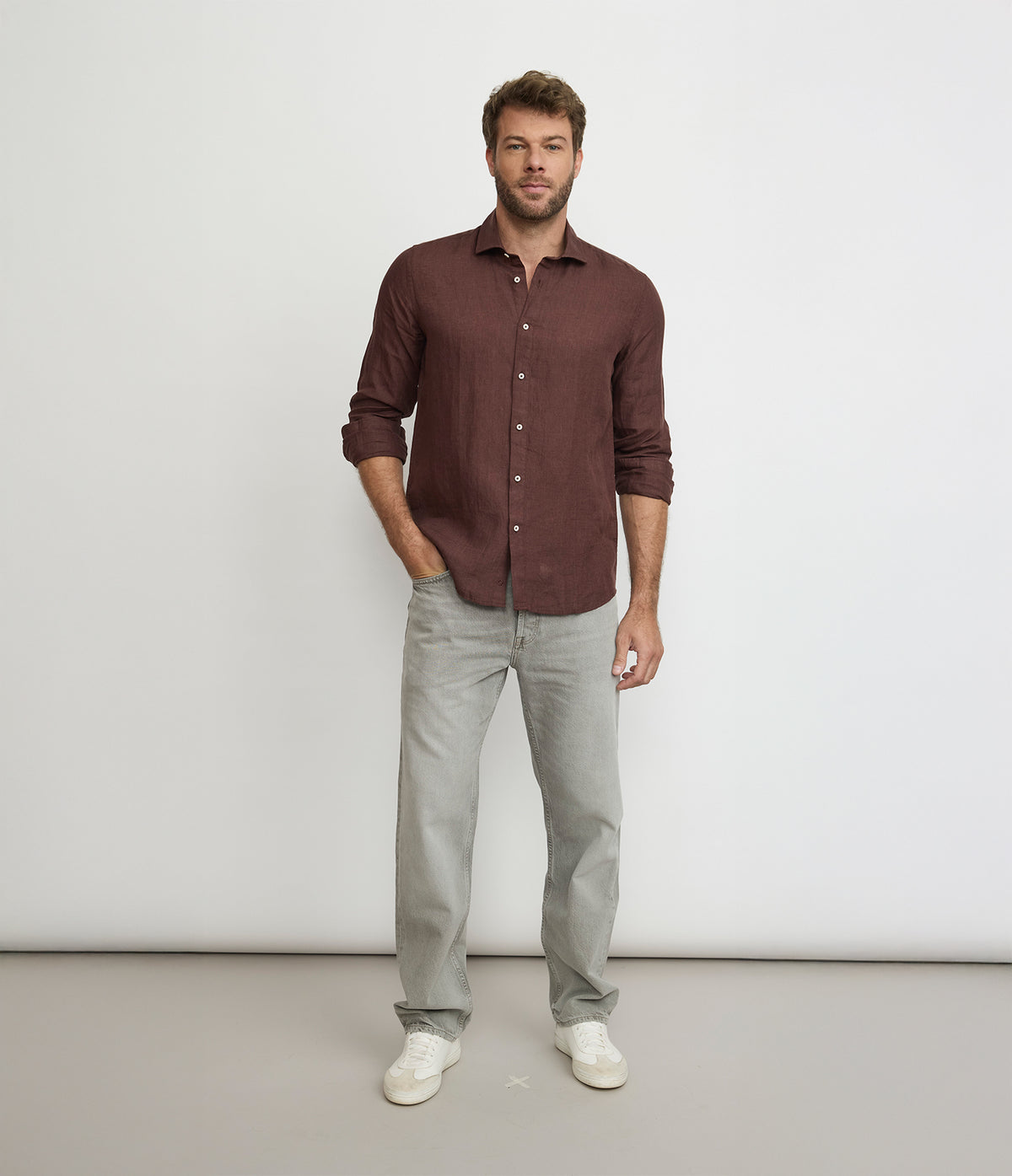 Camisa Hombre Lino Manga Larga Amalfi Burdeo