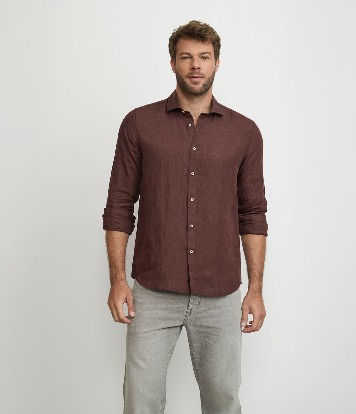 Camisa Hombre Lino Manga Larga Amalfi Burdeo