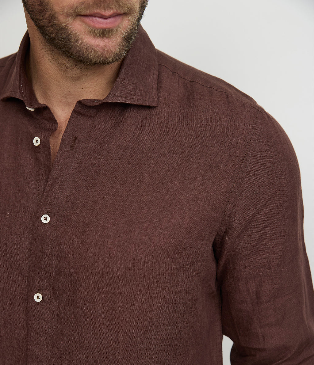 Camisa Hombre Lino Manga Larga Amalfi Burdeo