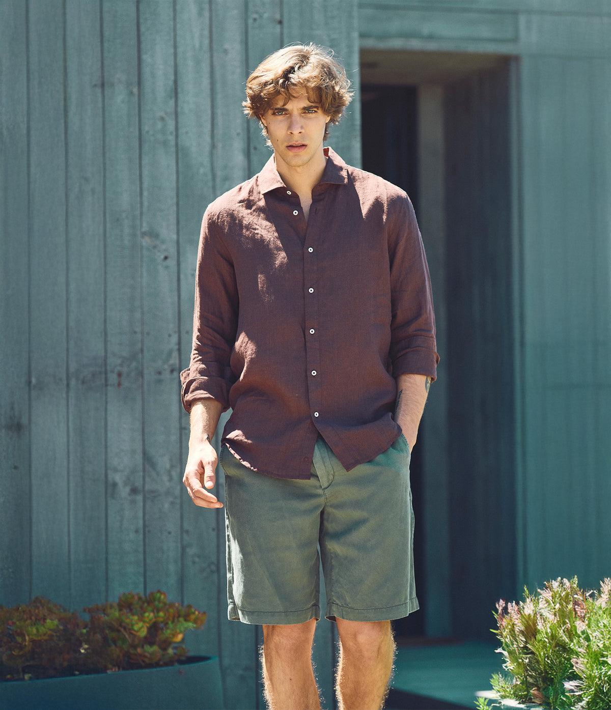 Camisa Hombre Lino Manga Larga Amalfi Burdeo