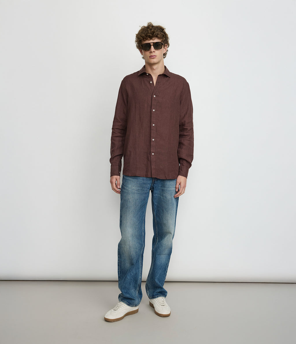 Camisa Hombre Lino Manga Larga Amalfi Burdeo