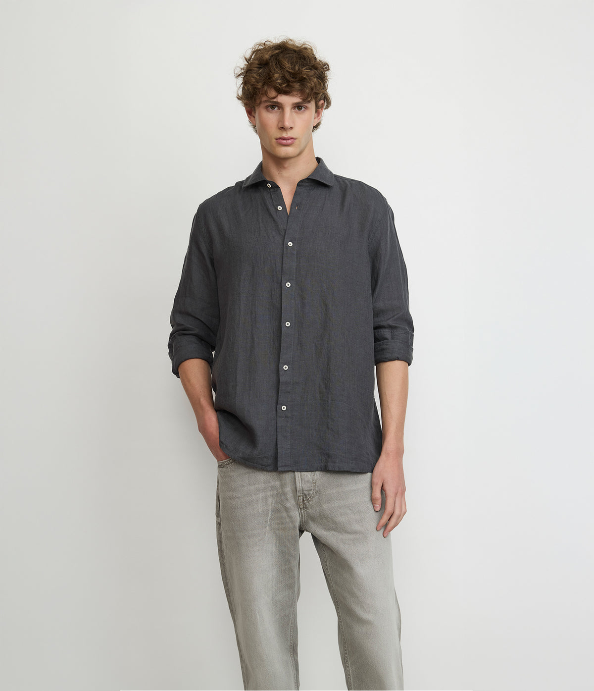 Camisa Hombre Lino Manga Larga Amalfi Gris Marengo