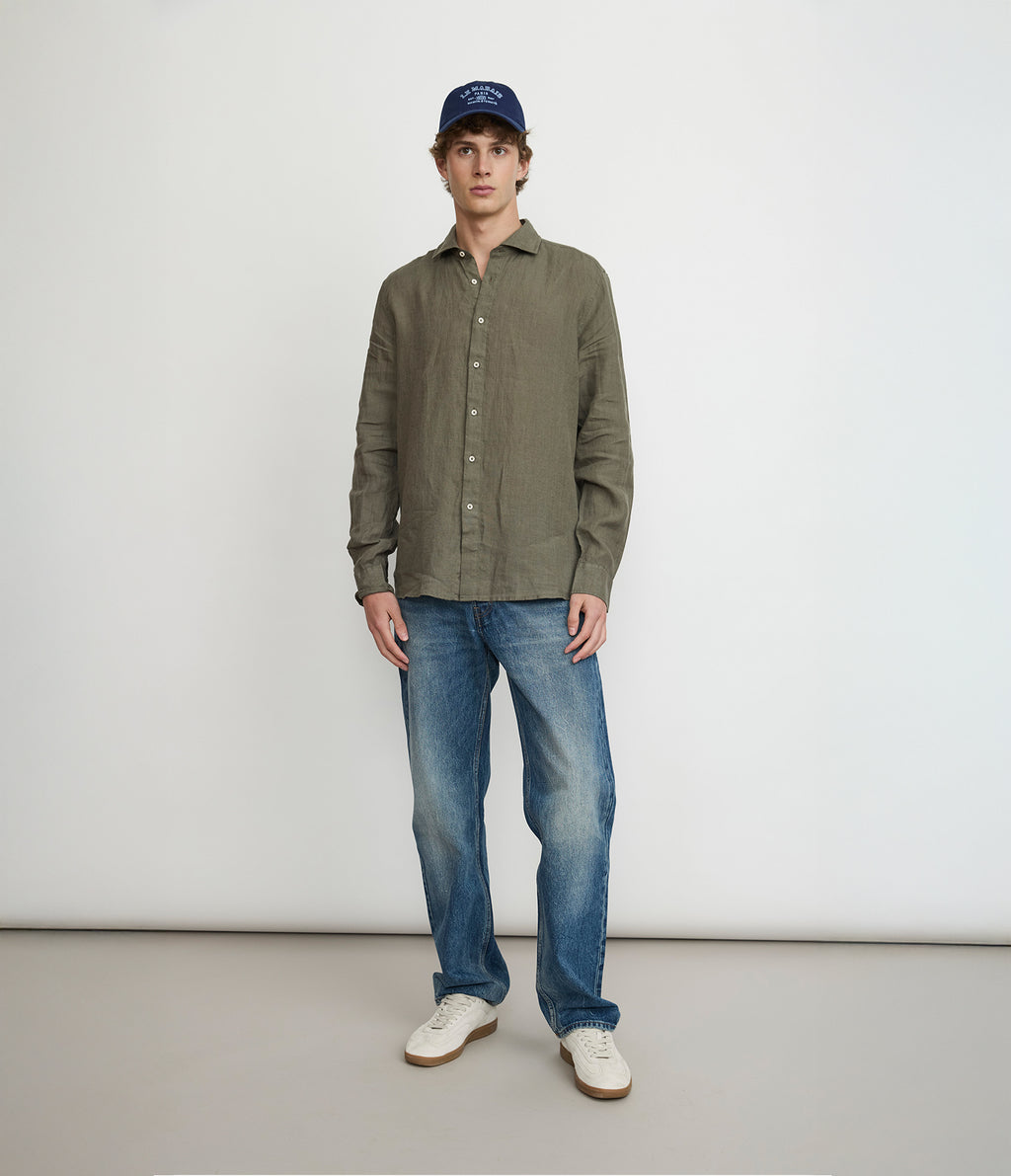 Camisa Hombre Lino Manga Larga Amalfi Verde Oscuro