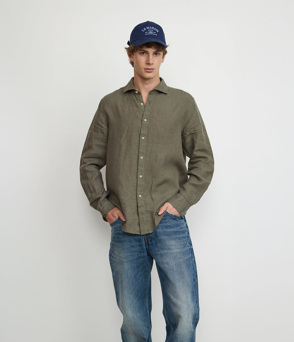 Camisa Hombre Lino Manga Larga Amalfi Verde Oscuro