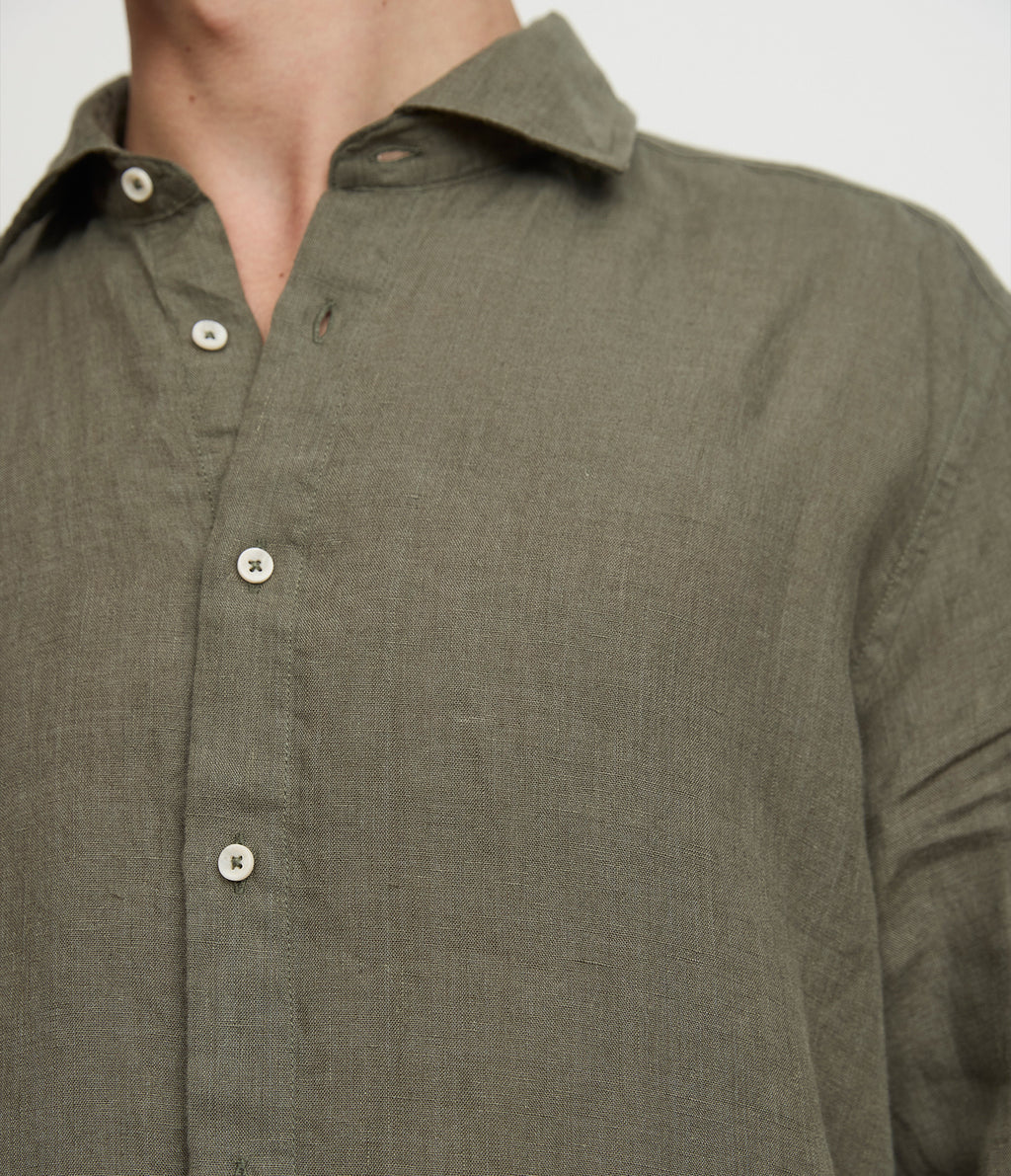 Camisa Hombre Lino Manga Larga Amalfi Verde Oscuro