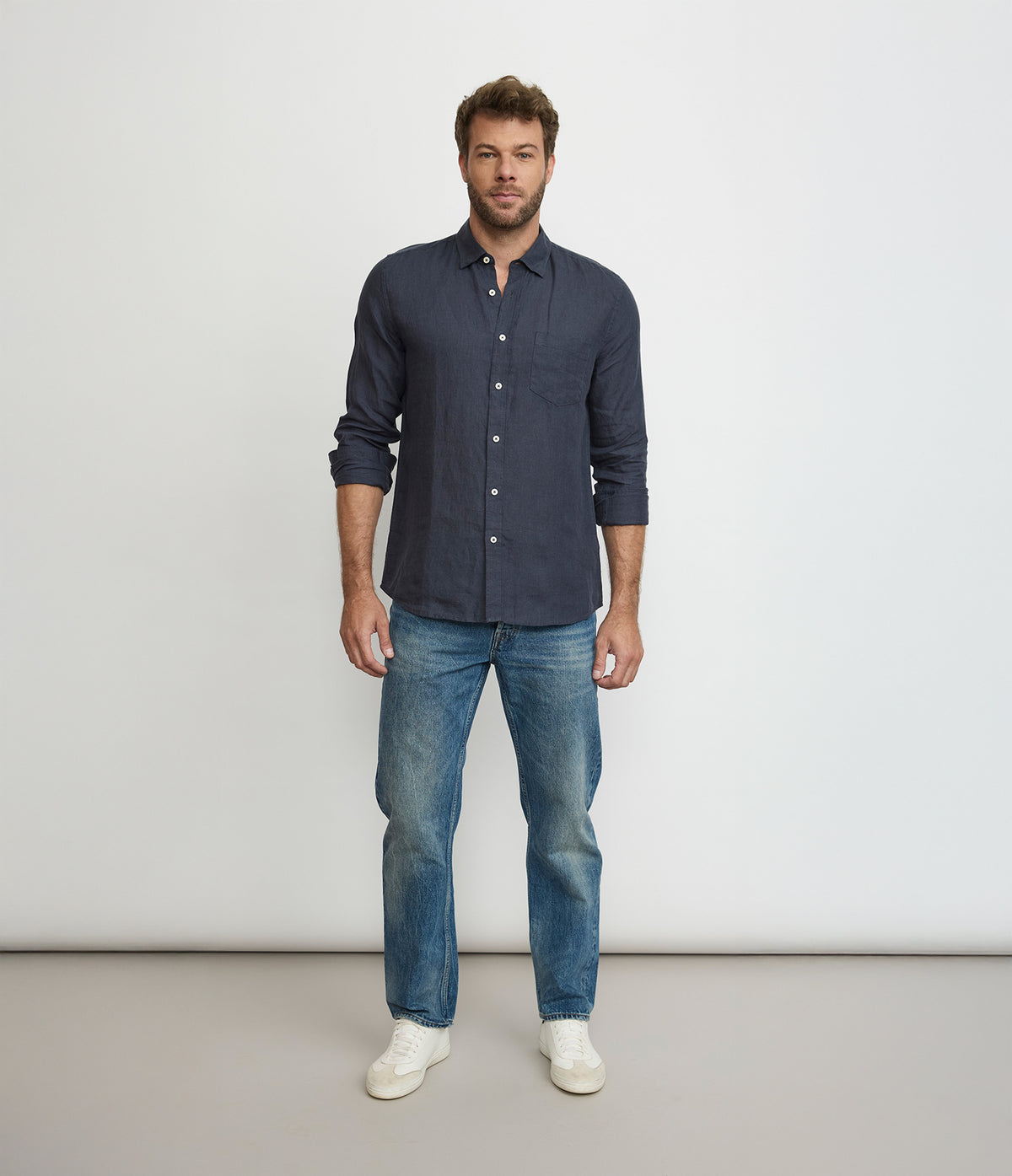 Camisa Hombre Lino Manga Larga Azul Marino Sicilia