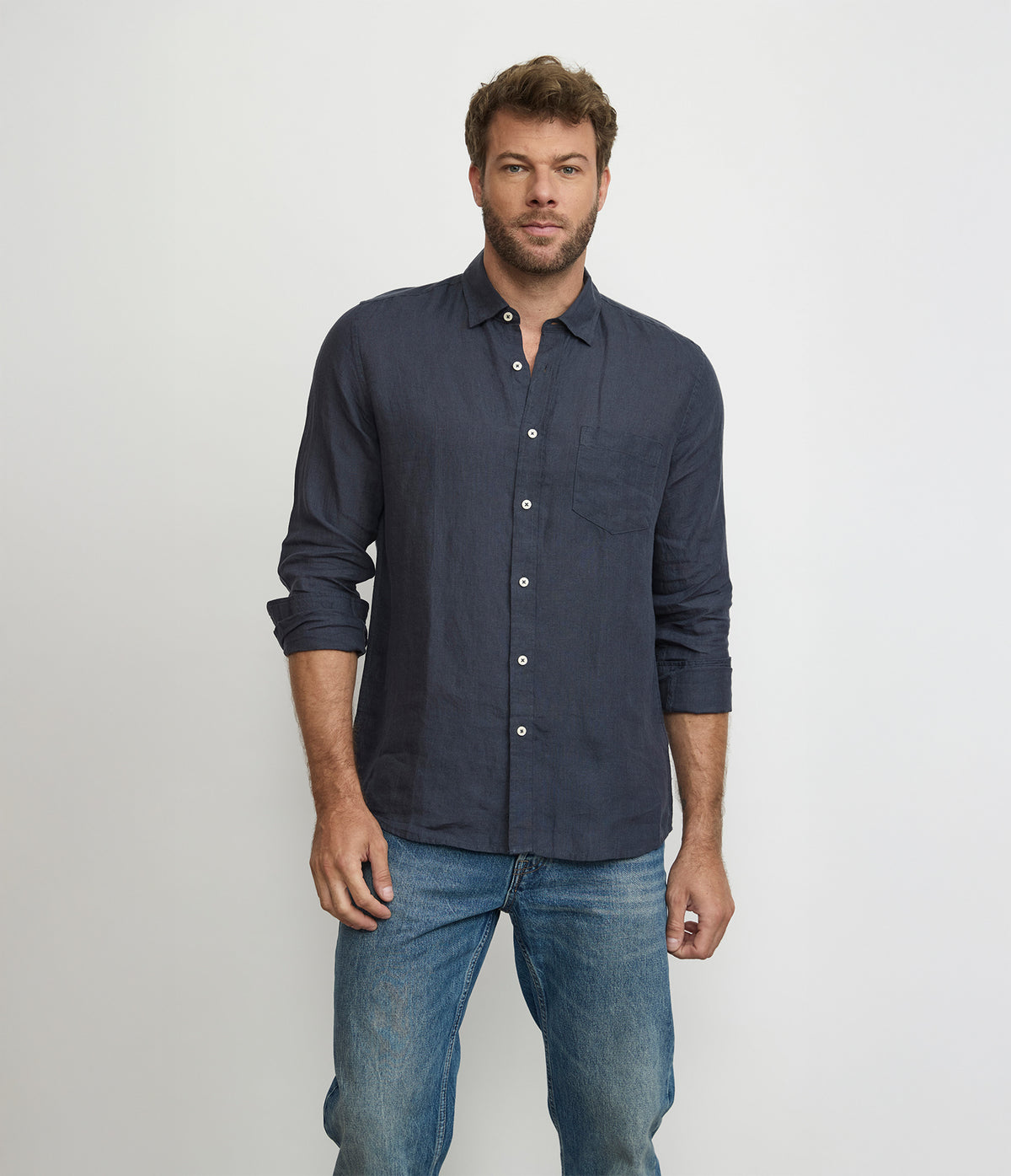 Camisa Hombre Lino Manga Larga Azul Marino Sicilia