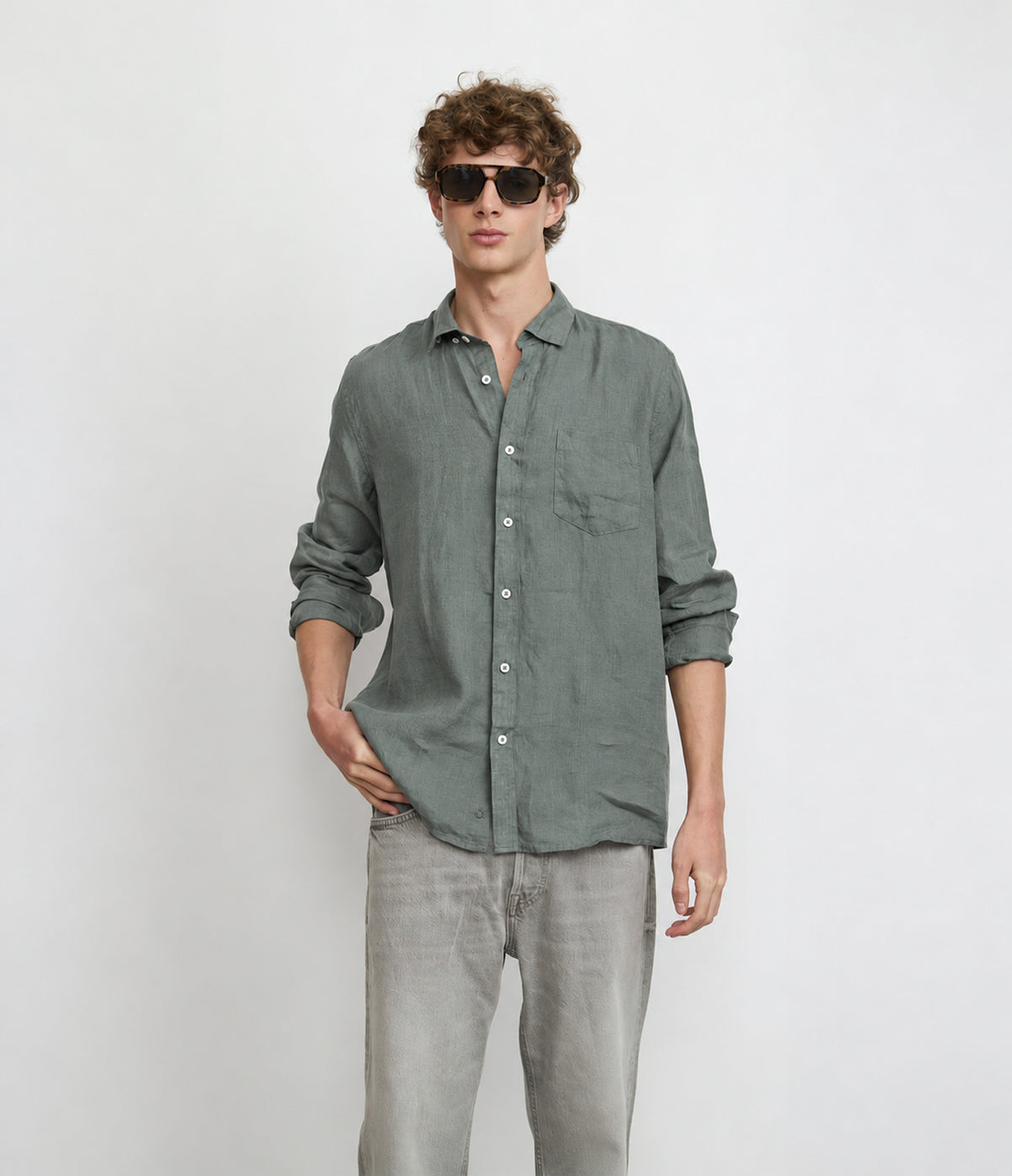 Camisa Hombre Lino Sicilia M/Larga Verde Oscuro