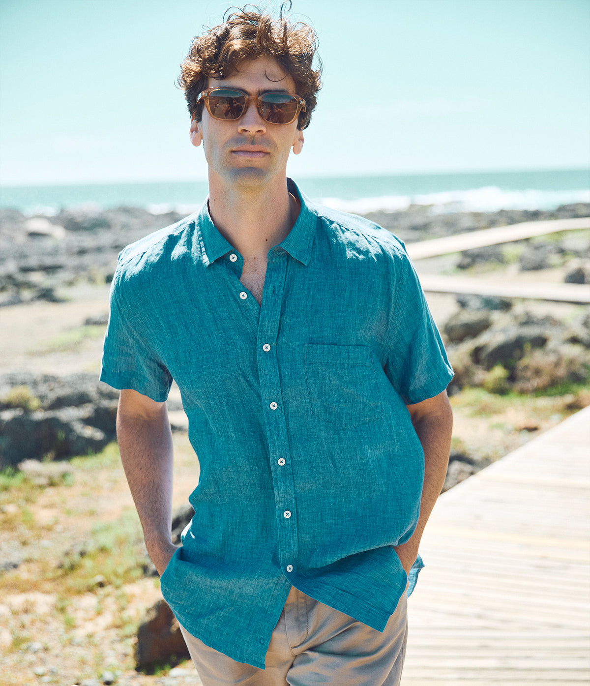 Camisa Hombre Lino Sintra M/Corta Azulino