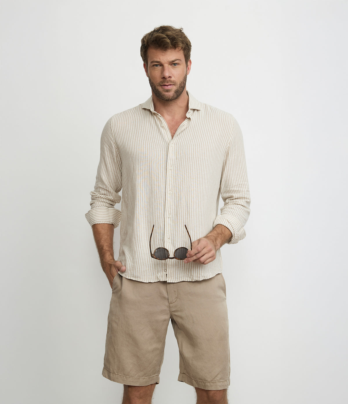 Camisa Hombre Lino Rayon Pitt Beige