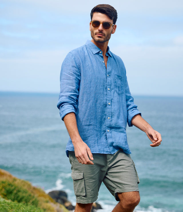 Camisa Hombre Lino Sicilia M/Larga Azulino